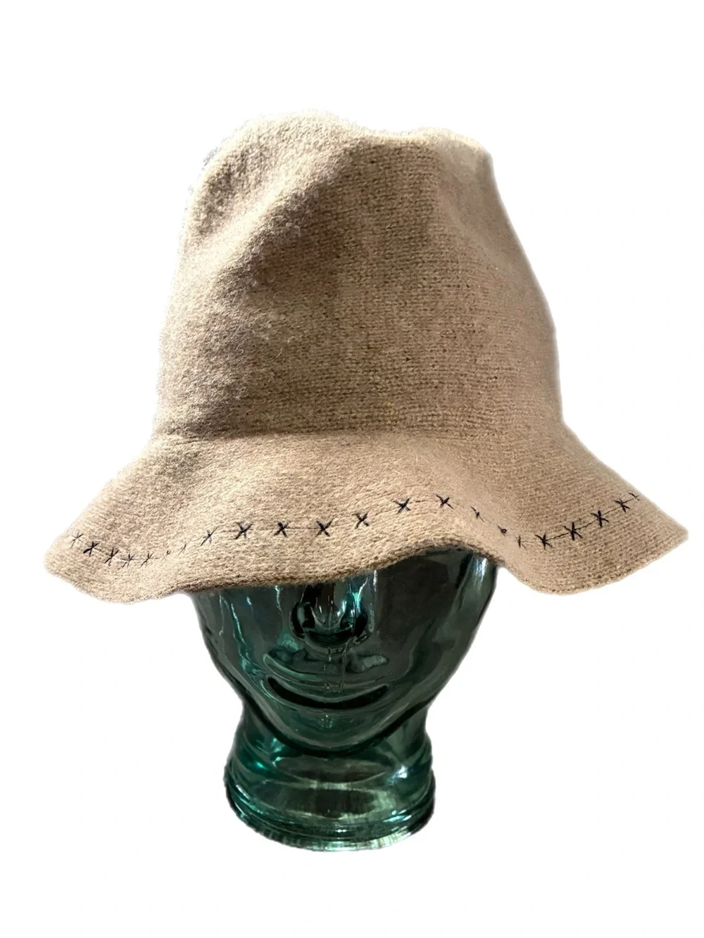 100% Wool Beige Bucket Hat Decorative Stitching Slouchy Vacation Moldable 7 1/8